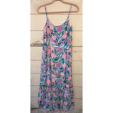 Lilly Pulitzer Pineapple Print Maxi Dress Spaghetti Straps Tiered Ruffle XS