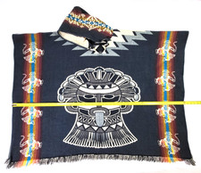 Vintage Blue  Tan 100 Wool Poncho Made in Ecuador Excellent Condition