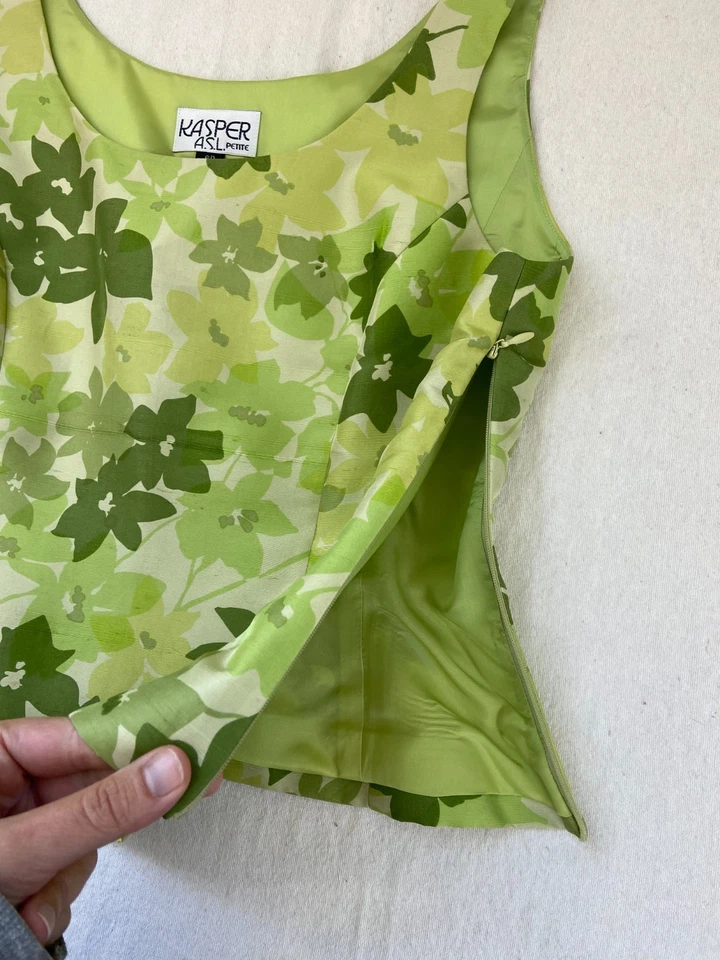 Usado en Excelente Condición Kasper ASL Petite 6P Verde Seda 3 Piezas Falda Blusa Blazer Floral Negocios Foto 4 de 4