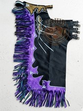 Pro Rodeo Bull Riding Chaps - Jet Black Cowhide Leather - Purple Metallic made