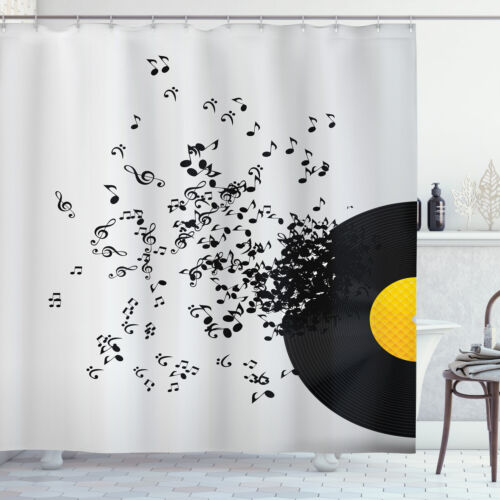 Abstract Illustration Music Notes Disc Album Retro Deco Image Shower Curtain Set - Picture 1 of 2