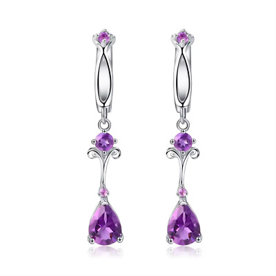 Lila Amethyst Ohrhänger, Fleur de Lis Sterling Silber Ohrringe