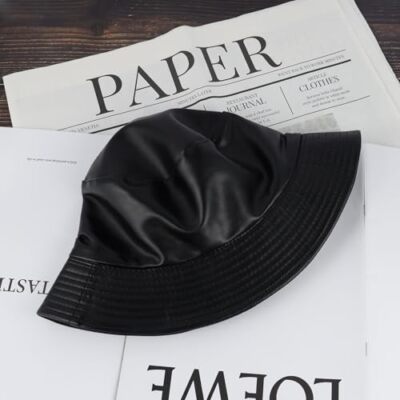 Faux Leather Bucket Hat for Women Wide Brim PU Fishing Hat One