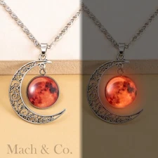 Glow In The Dark Floating Red Moon Pendant Necklace Chain