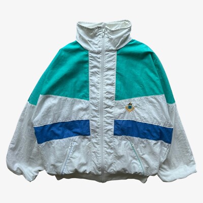 Vintage 80er Herren Trainingsjacke Bally grün blau-weiß gestreift, Windbreaker 90s
