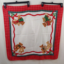 Vtg Christmas Scarf Square Red Green Teddy Bears Ribbon Checked Plaid Stars