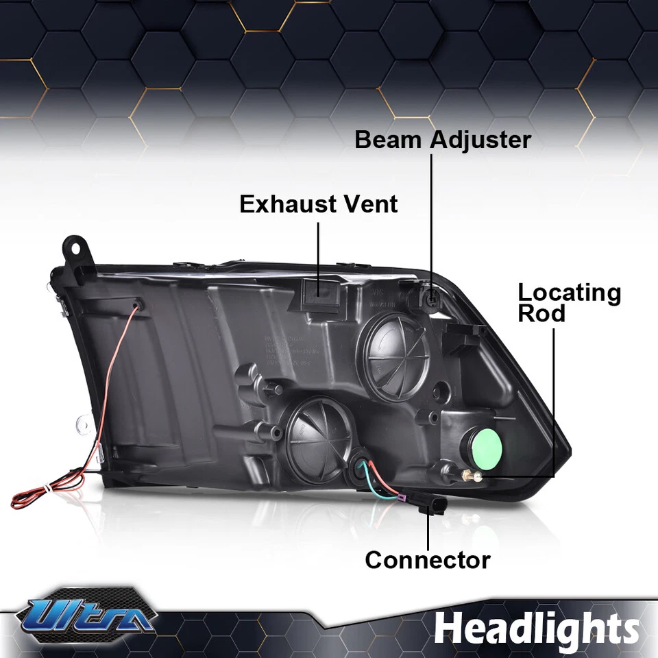 LED DRL Black Headlights Left+Right Fit For 2009-2018 Dodge Ram 1500 2500 3500 - Image 4 of 4