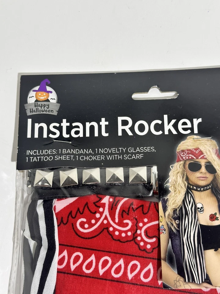 Feliz Halloween Disfraz Rocker Instantáneo Talla Única Collar Gafas Bandana Tatuaje Foto 2 de 4