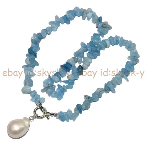 Natural Aquamarine Chip Gravel Gems Beaded White Baroque Pearl Pendant Necklace - Picture 4 of 16