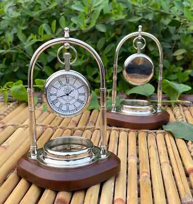 Brass Table Clock with Compass Nautical Desk Clock Study Table Decor Christmas
