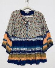 Figueroa Flower Top Womens Medium Peasant Bell Sleeves Tie Neck Flowy Boho