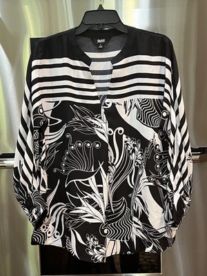 SLIM FACTOR sz L bust 43'' black & white Art To Wear long sleeve v-neck top tunic