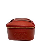 Authentic CHANEL Vintage Caviar Skin Vanity Cosmetic Bag Purse Red