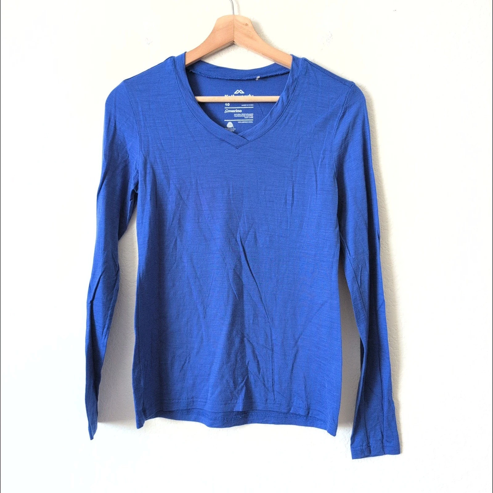 Kathmandu Womens Blue 100% Merino Wool Long Sleeve V-Neck Base Layer Top Size 10