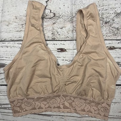 Bali Wirefree Bra L Lace Trim Pullover Wide Strap Nude Beige Wireless Comfort