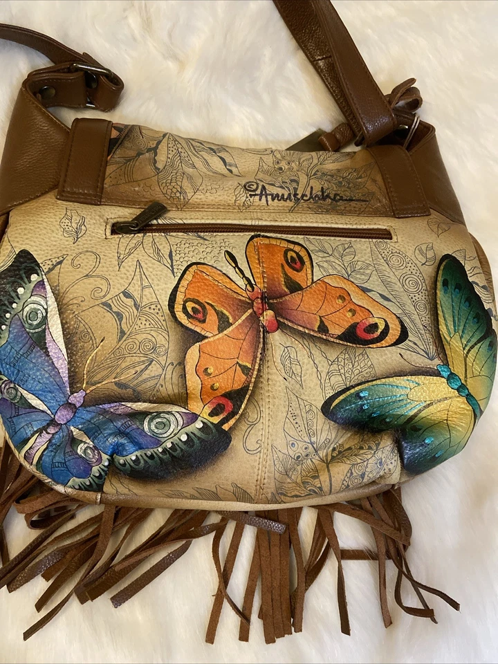 Bolso Anuschka Flecos Solapa Sillín Tierra Canción Mariposas Cuero Pintado a Mano Nuevo con Etiquetas Foto 3 de 4