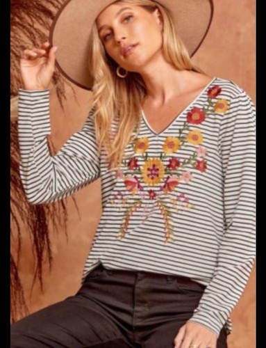 SAVANNA JANE Blouse Womens Medium Marigold Striped Colorful Embroidered Floral - Picture 4 of 14
