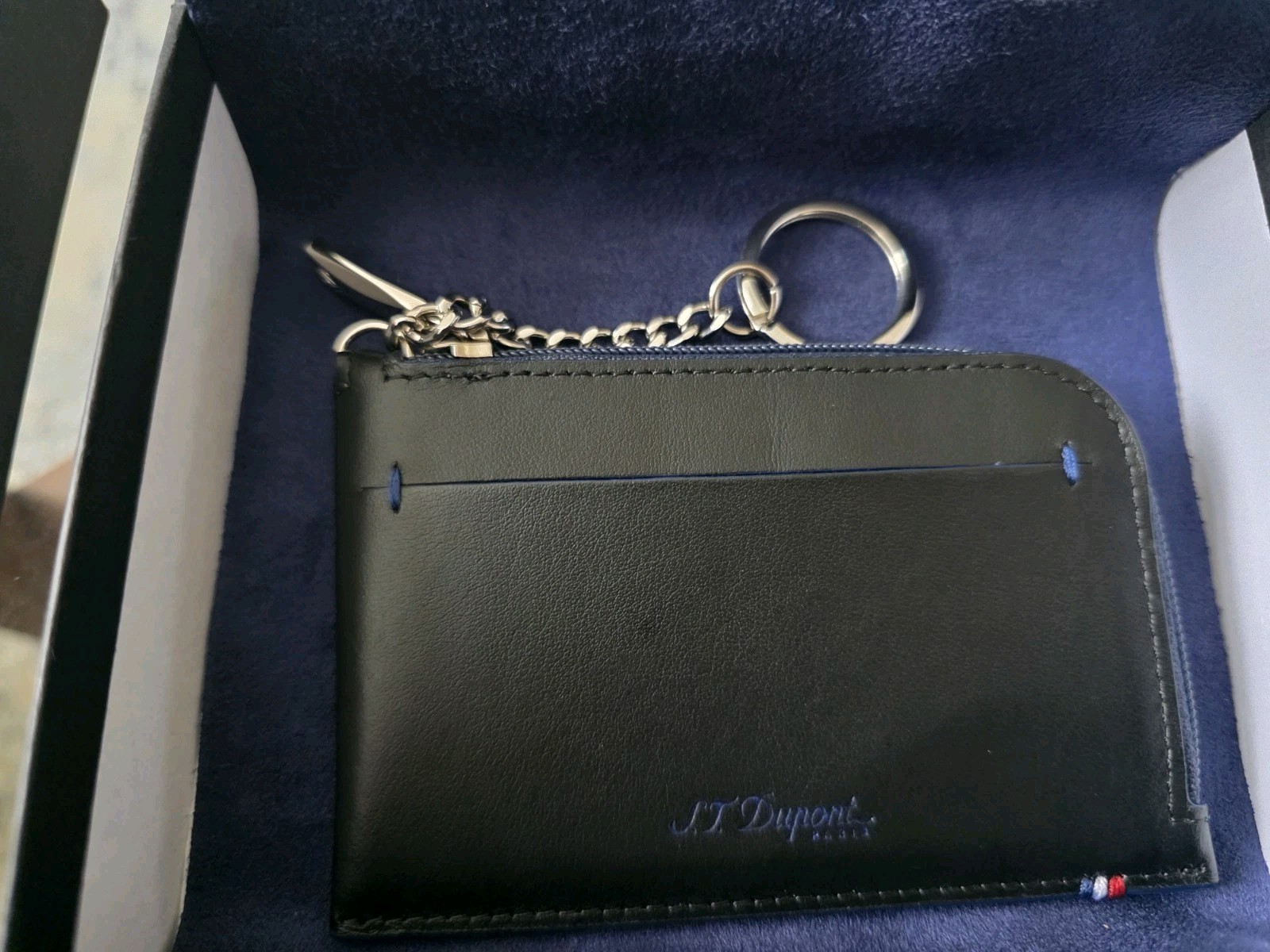 Brand New, Unused, S.T. Dupont Paris Zipper Coin Purse/ Key Ring, Black/Blue