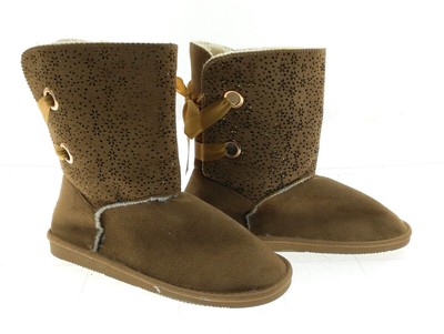 US Sports Shearling Women's Boots Lace Up Back Round Toe Pull on Color Brown