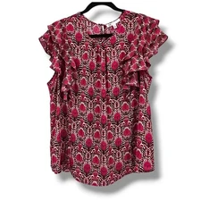 New DR2 Ruffle Sleeve Blouse Women's XL Pink Brown Paisley Print Top