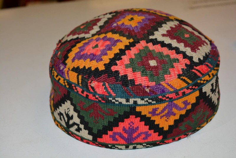 Vintage Afghani Nomadic Embroidered Hat - Middle Eastern / Uzbek Geometric Kilim