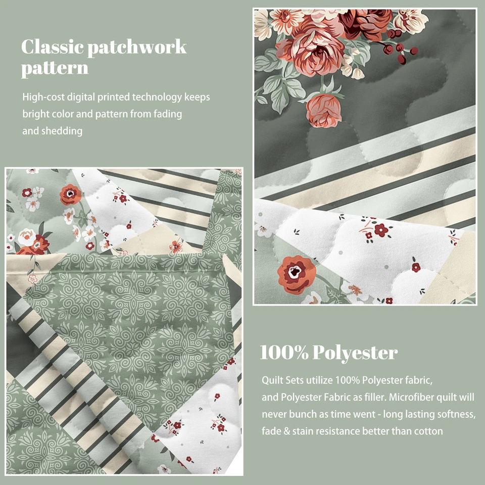 Lightweight Patchwork Quilt Set Reversible Floral Bedspread Coverlet All Seasons - Image 3 of 4