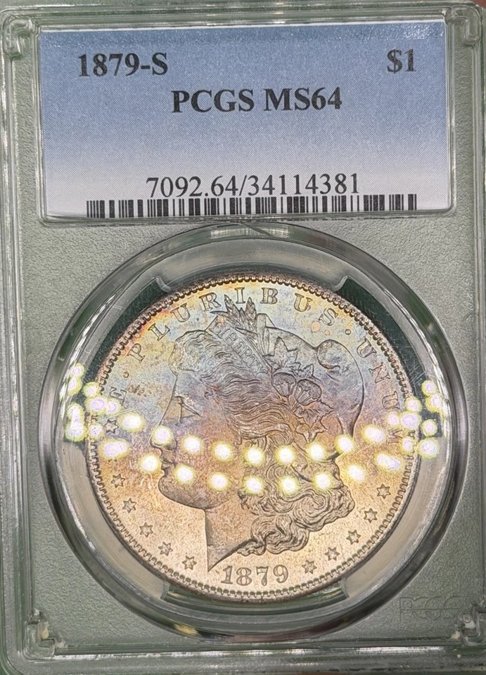 Hermoso dólar de plata Morgan 1879-S azul vivo tono anverso graduación profesional MS-64 Foto 2 de 4