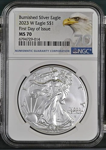 2023 W Burnished Silver Eagle S$1 First Day of Issue MS70