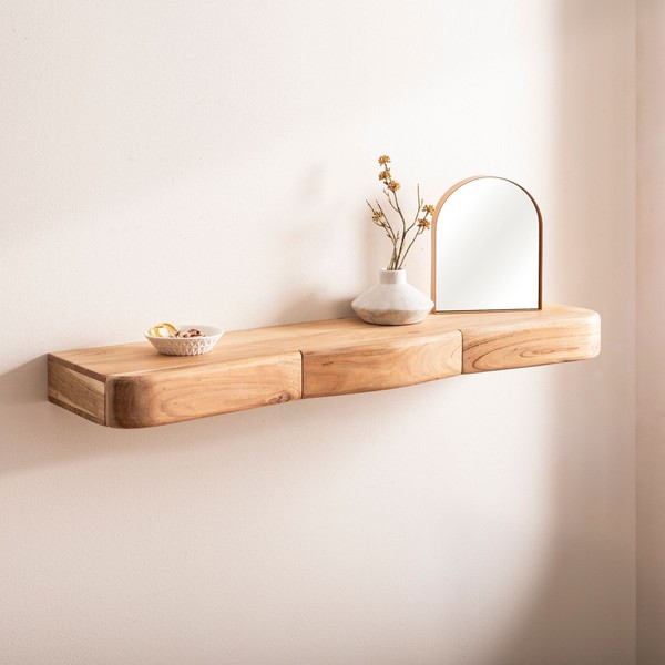 Wandregal Akazie 100Cm HäNgeregal Mit Schublade Holz Wandboard Regal FüR Wand-image