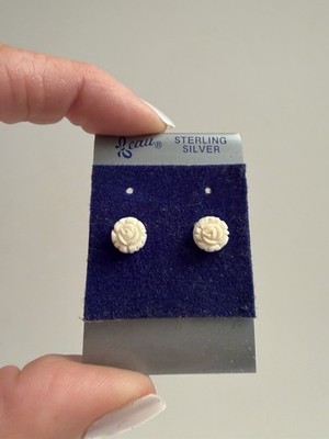 Vintage Beau Ohrstecker Sterlingsilber geschnitzt Rose Blume weißer Muschelstein neu aus altem Lagerbestand