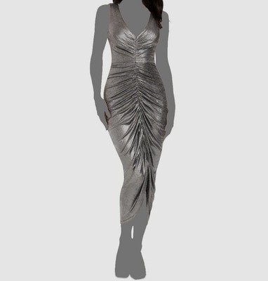 Dress The Population Women's Silver Metallic Ruched V-Neck Britt Dress Size M