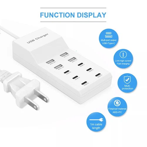 Multi 10 Port USB C Charger Station Wall Type C Fast Charging Adapter USB Hub - Picture 5 of 12