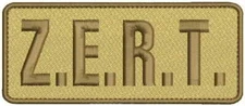 Z.E.R.T. embroidery patches 2x5 hook on back tan fabric and brown thread
