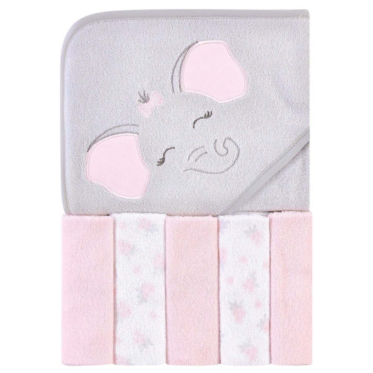 Hudson Baby Hooded Towel and Five Washcloths, Pink Elephant, One