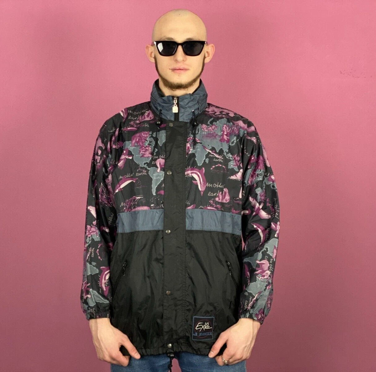 90s Vintage Men's Rain Jacket - L Black Nylon Windbreaker Rain Coat