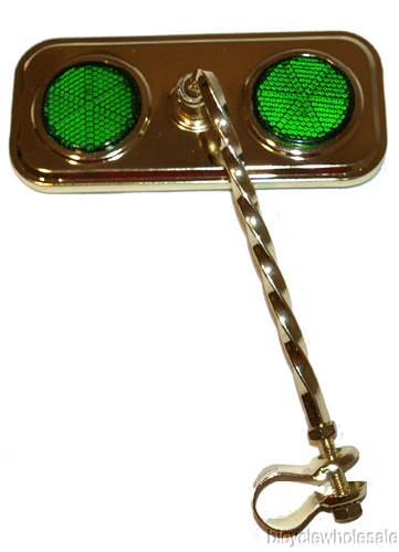 Lowrider Mirror / Gold Twisted Oblong Bicycle Mirror & Green Reflectors NEW!