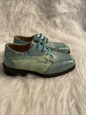 Roberto Chillini Aqua Blue Square Toe Alligator Style Dress Shoes Boys  Size
