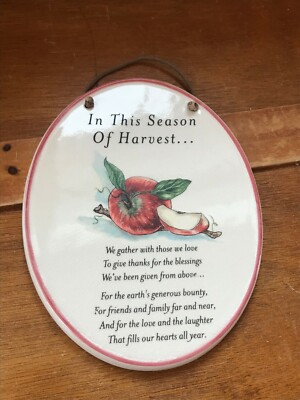 Estate Cream Oval Pottery with Apple IN THIS SEASON OF HARVEST Saying Plaque   