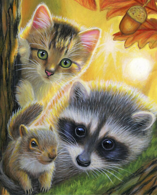 Little Autumn Babies Cat Squirrel Raccoon Fabric Digital Cotton David 35'' Panel