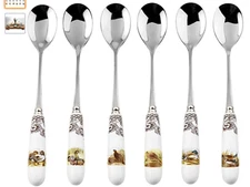 SPODE Woodland 6-PC SET Teaspoons Brown & White Porcelain & S/ Steel + GIFT BOX