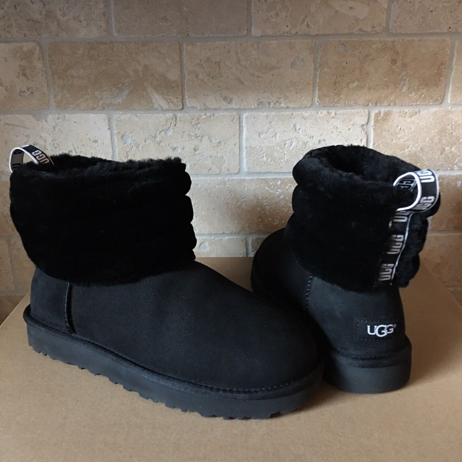 UGG Mini Fluff Quilted Cuff Black Suede Sheepskin Ankle Boots Size 11 Women