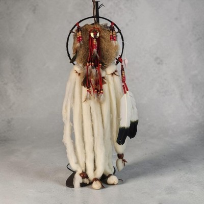 Vtg Large Native American Indian Dream Catcher Fur Feathers Beads Wool 27 