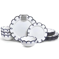 12-Piece Earthenware Dinnerware Set for 4, Glossy White Plates and Bowls Sets...