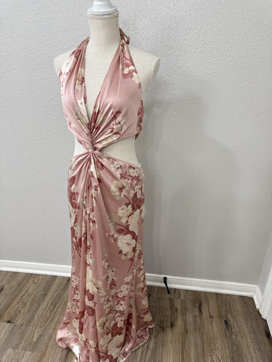 Reformation Silk Halter Dress Floral Cutout Maxi Pink Size 10 | eBay