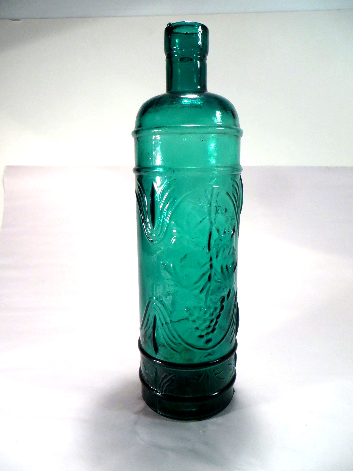 Decorative Glass Bottle Green Embossed Grapes Empty Cork Fill Inside 11.5"