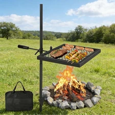 42 x 32cm Swivel Campfire Grill Steel Open Fire Cooking Grate Adjustable