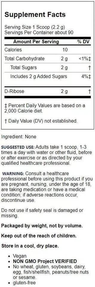 Jarrow Formulas, Inc. Vegano D-Ribosa 2 g 7,05 oz Pwdr Foto 2 de 2