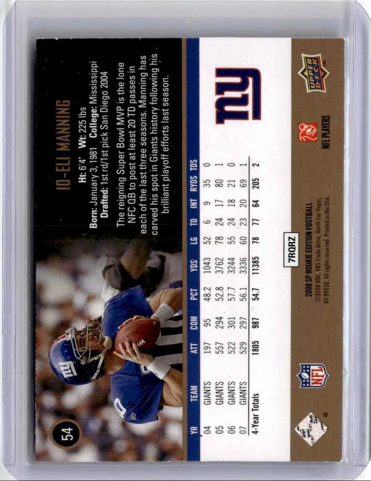 2008 SP Rookie Edition Eli Manning Football Card New York Giants #54 - Image 2 of 2