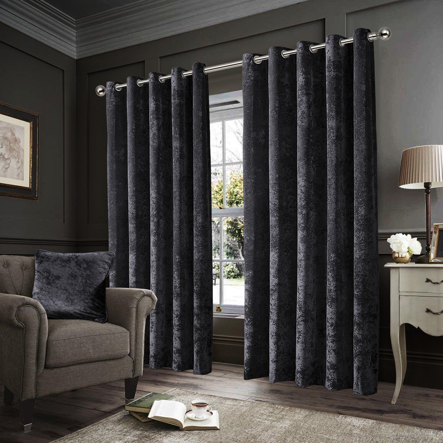 Crushed Velvet Blackout Curtains Eyelet Ring Top Fully Lined Pair Free