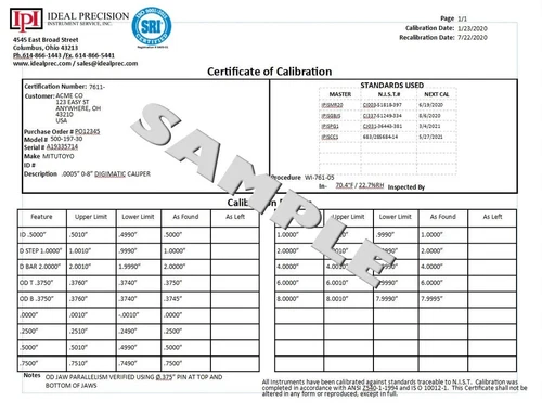 Optional Long Form Certification for Calipers up to 12" (Add-on Service)